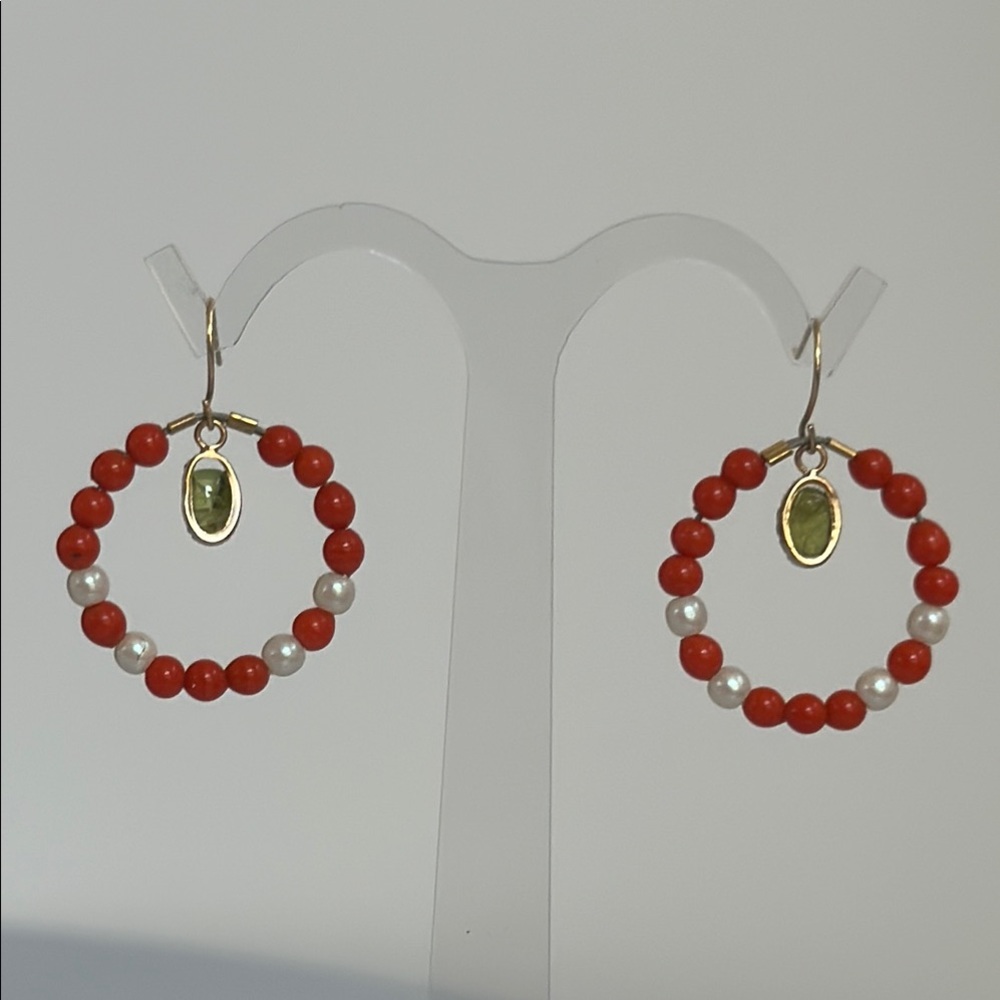 10k real solid gold Coral Pearl green Jade earrings
